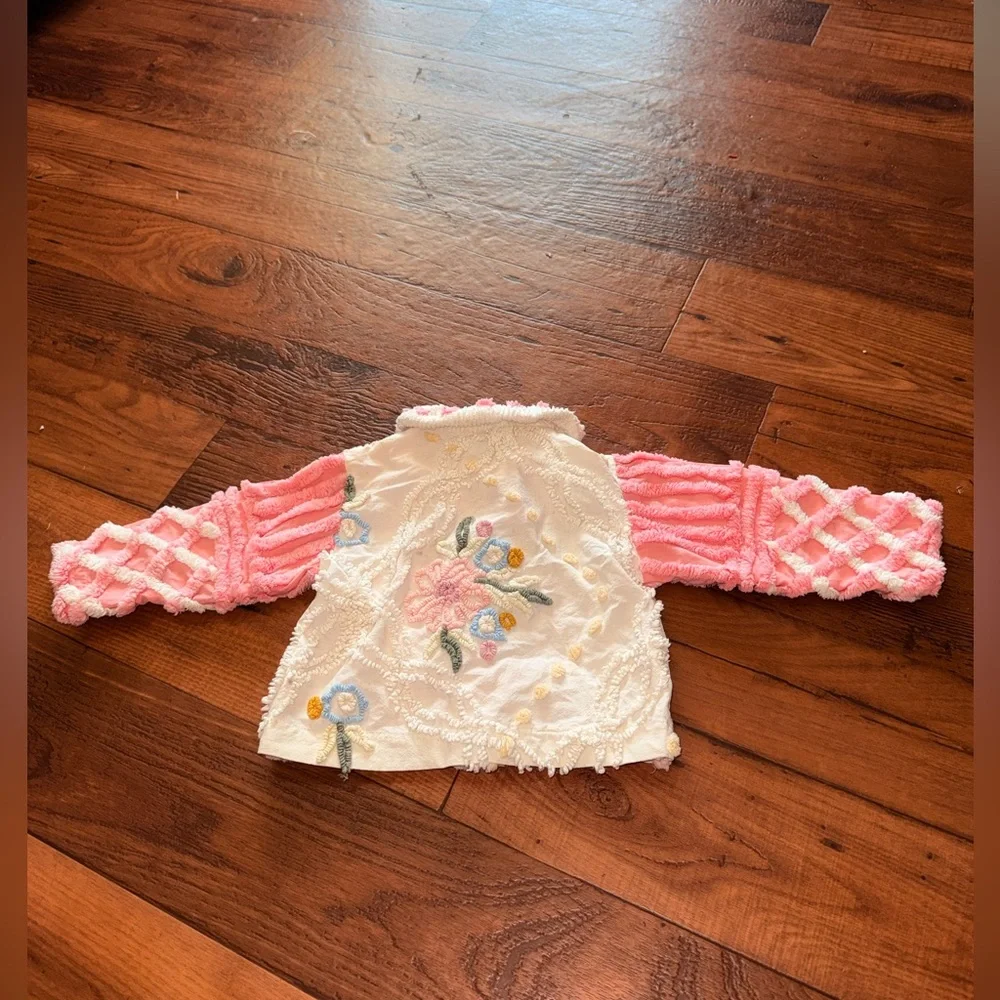 Pristine Little Paige Pink Textured Jacket Floral Embroidered Boutique Girls 3T